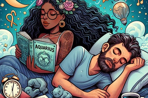 un homme dormant tasse de café à côté, et une femme lisant un livre sur les signes astrologiques, pour représenter l'article "ton signe en mode jours fériés"