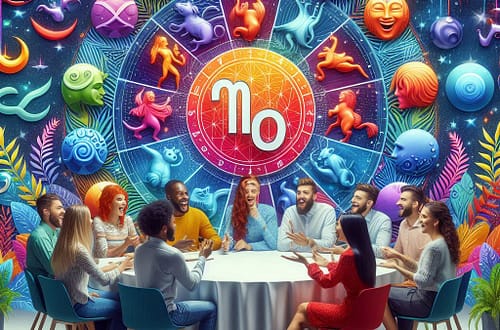 Image de personnes autour d'une table, roue astrologique en arrière plan, pour illustrer les signes astrologiques et leurs façon de socialiser pendant la saison des Gémeaux