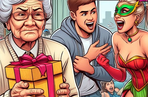 Image d'une mère avec un cadeau dans les mains, en arrière plan deux enfants adultes qui se chamaillent, l'une avec un déguisement de carnaval