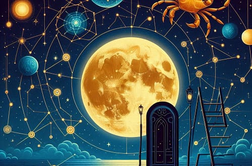 Ciel étoilé avec des constellations, une pleine lune dorée et des planètes. Illustrant les transits planétaires de juin.