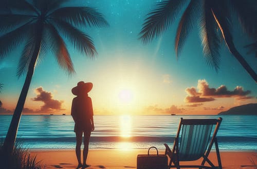 Ciel d'été, silhouette sur une plage qui regarde l'horizon