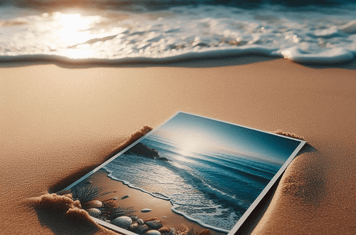 Une carte postale dans le sable d'une plage
