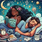 un homme dormant tasse de café à côté, et une femme lisant un livre sur les signes astrologiques, pour représenter l'article "ton signe en mode jours fériés"