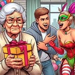 Image d'une mère avec un cadeau dans les mains, en arrière plan deux enfants adultes qui se chamaillent, l'une avec un déguisement de carnaval