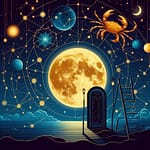 Ciel étoilé avec des constellations, une pleine lune dorée et des planètes. Illustrant les transits planétaires de juin.