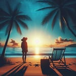 Ciel d'été, silhouette sur une plage qui regarde l'horizon