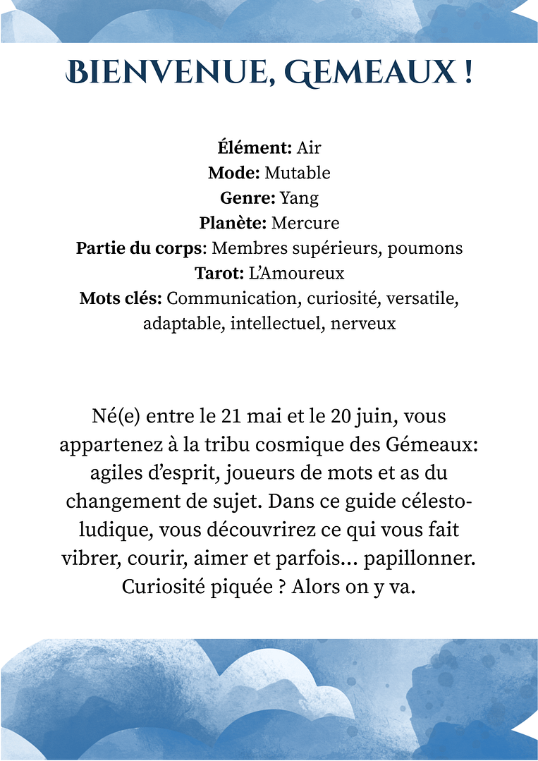Page d'introduction du portrait astral Gémeaux